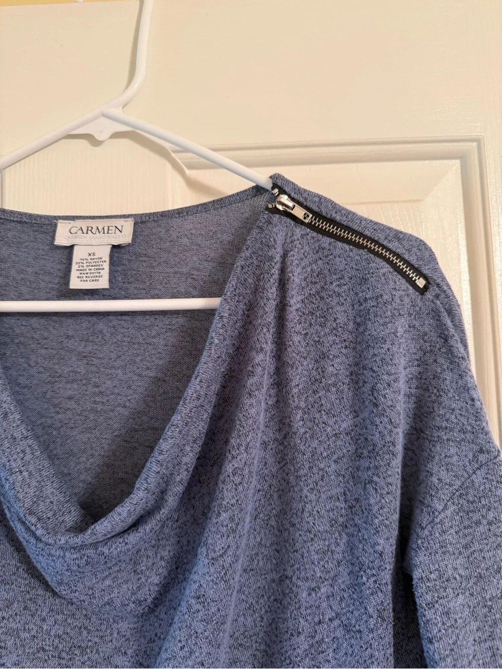 Carmen Marc Valvo Heather Blue Cowl Neck Sweater with Shoulder Zips